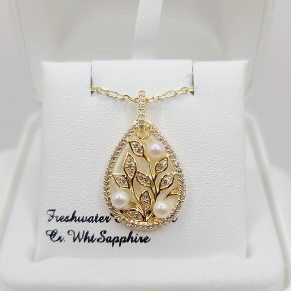 18k Gold Over Sterling Silver Pearl & White Sapphire Necklace - Picture 4 of 7